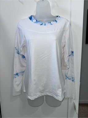 Women's White Long-Sleeve Tee with Blue Tie-Dye Trim